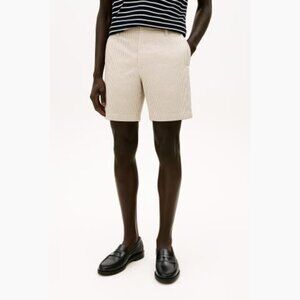 American Apparel Seersucker Shorts Khaki White Cotton Summer Coastal 34